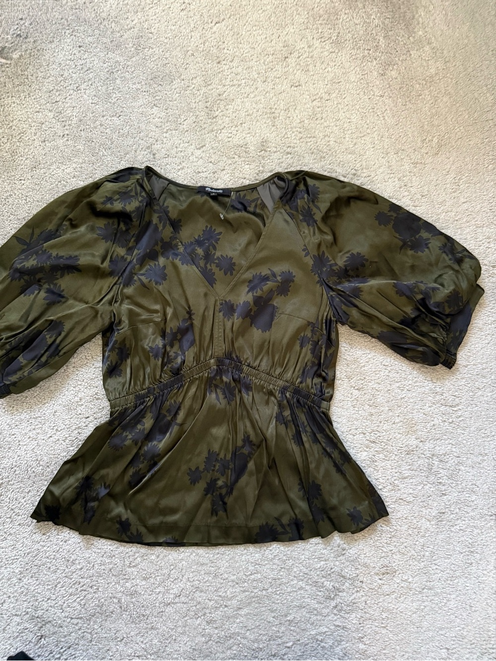 Madewell Olive Green Floral Puff-Sleeve Blouse